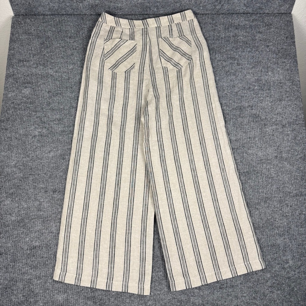 mare mare Pants Womens L Anthropologie 100% Linen Striped Wide Leg High Rise - Picture 2 of 10